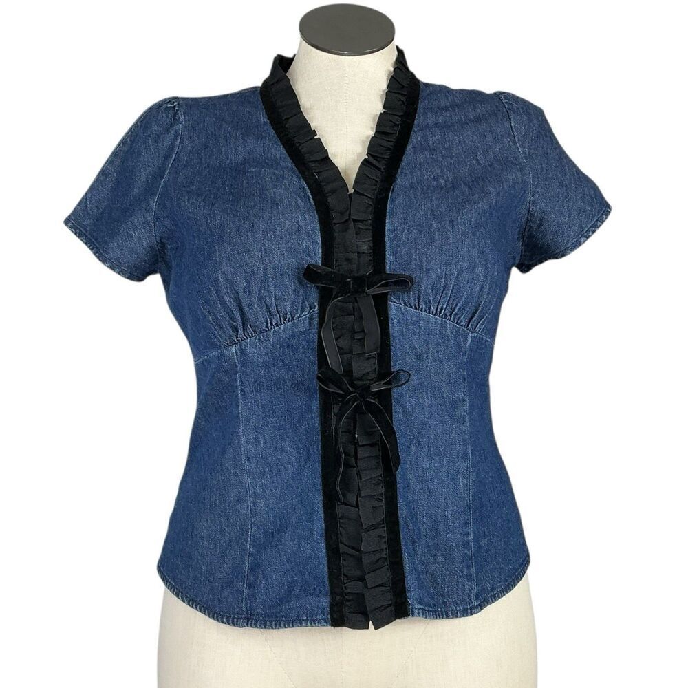 Boston Proper Denim Top Women 16 Blue Ruffle Cap Sleeve Button Velvet Tie Front